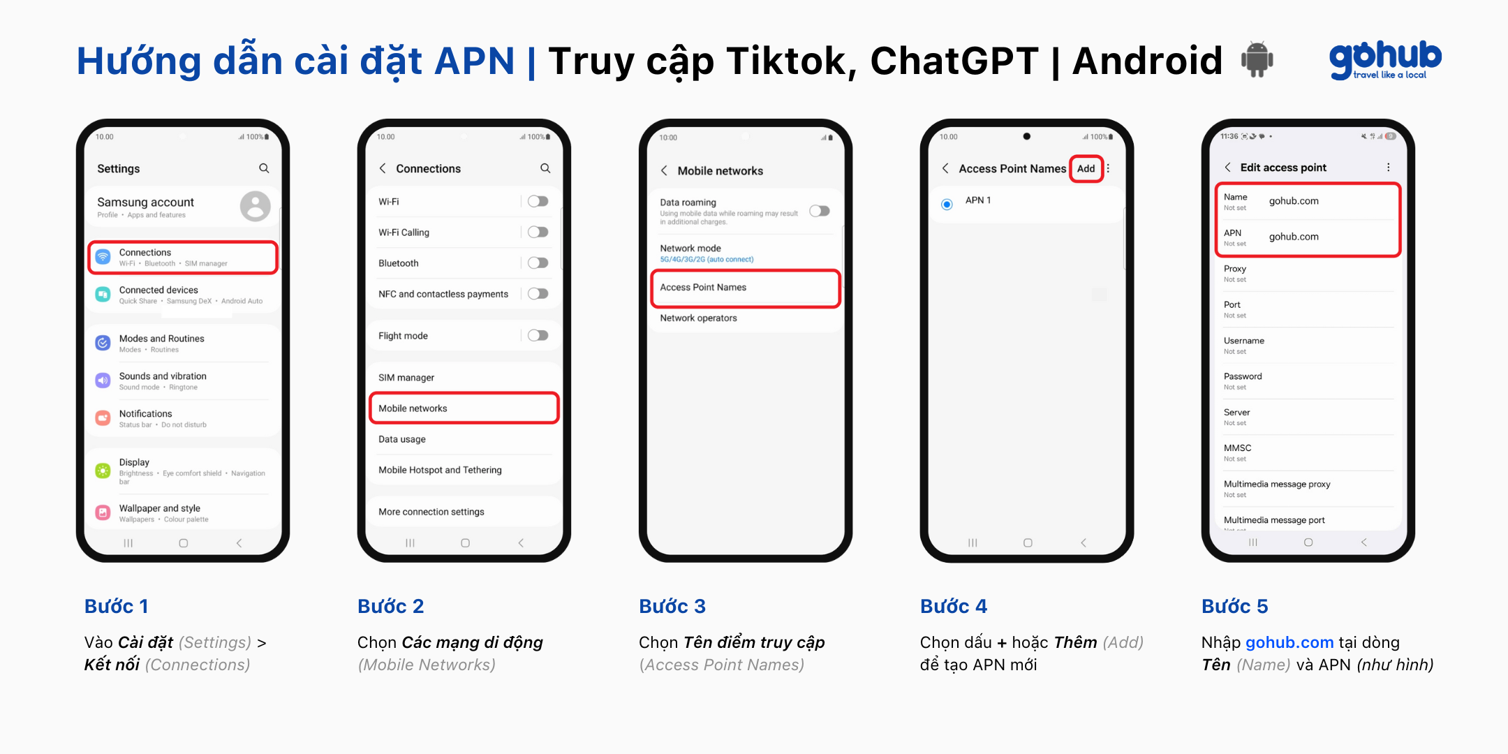 Cách cài đặt APN cho Android để dùng Tiktok, ChatGPT – Gohub eSIM Hướng dẫn cách cài đặt APN cho Android – Gohub eSIM