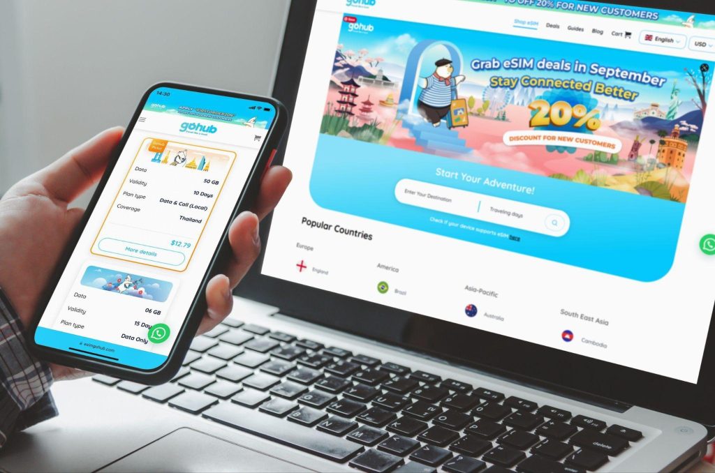 Giao diện website Gohub hiển thị các gói eSIM tốc độ cao theo quốc gia: Hàn Quốc, Nhật Bản, Đông Nam Á, Trung Quốc.