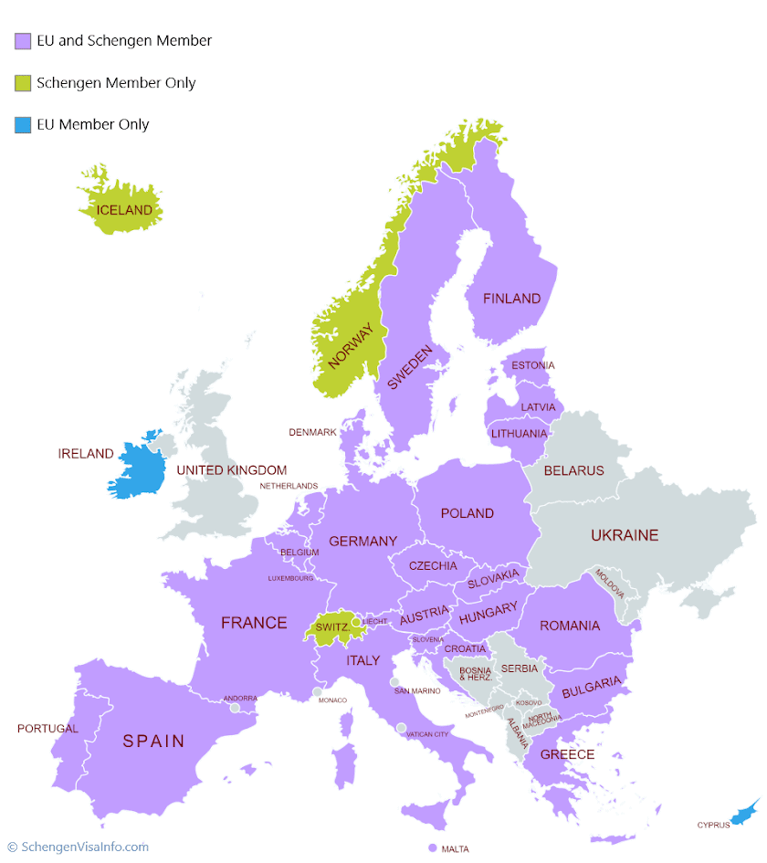 Bản đồ các nước khối Schengen